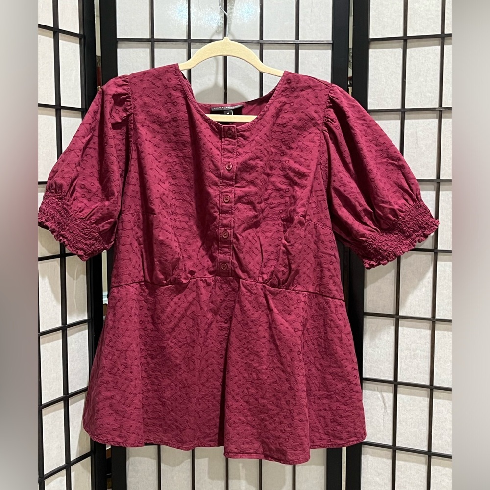 LANE BRYANT Textured Burgundy Peplum BABYDOLL BOHO Blouse WOMEN SIZE 16